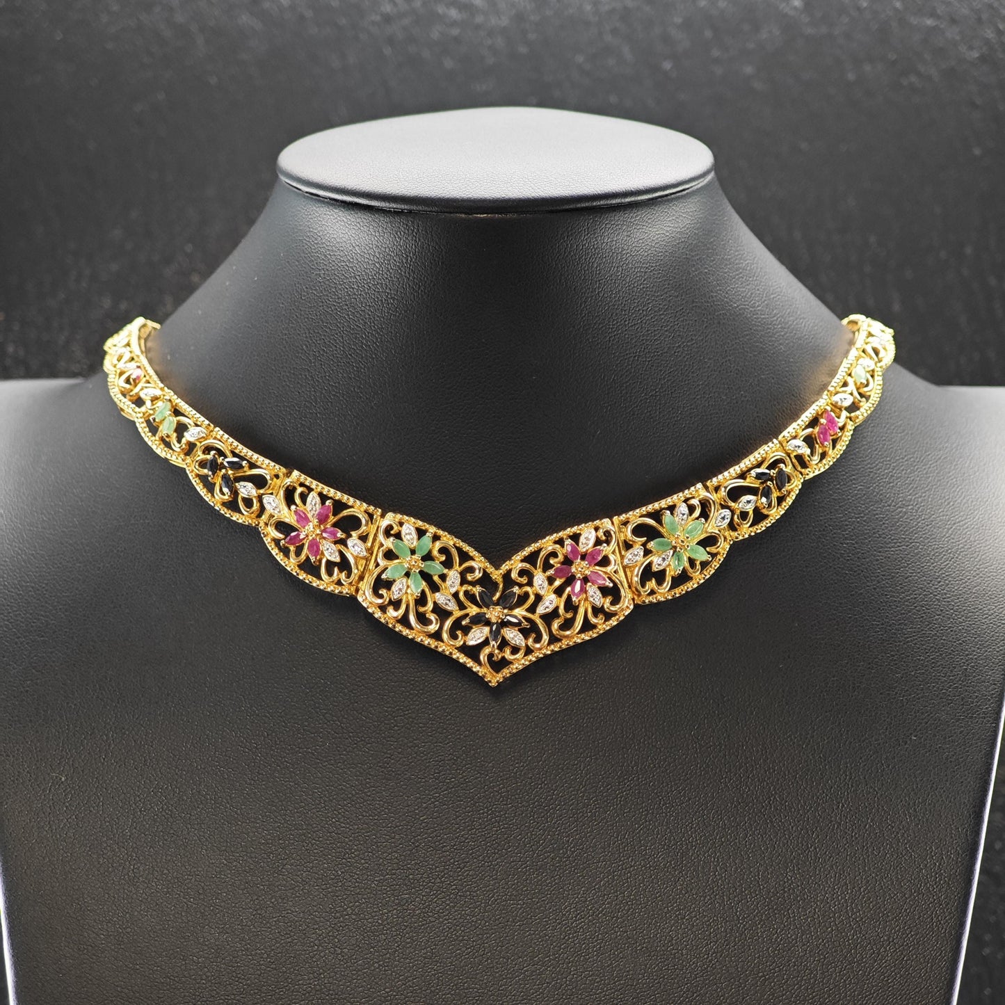 Multi-color Emerald Ruby Sapphire Floral Gold Plated Collar Necklace Sterling Silver N2657