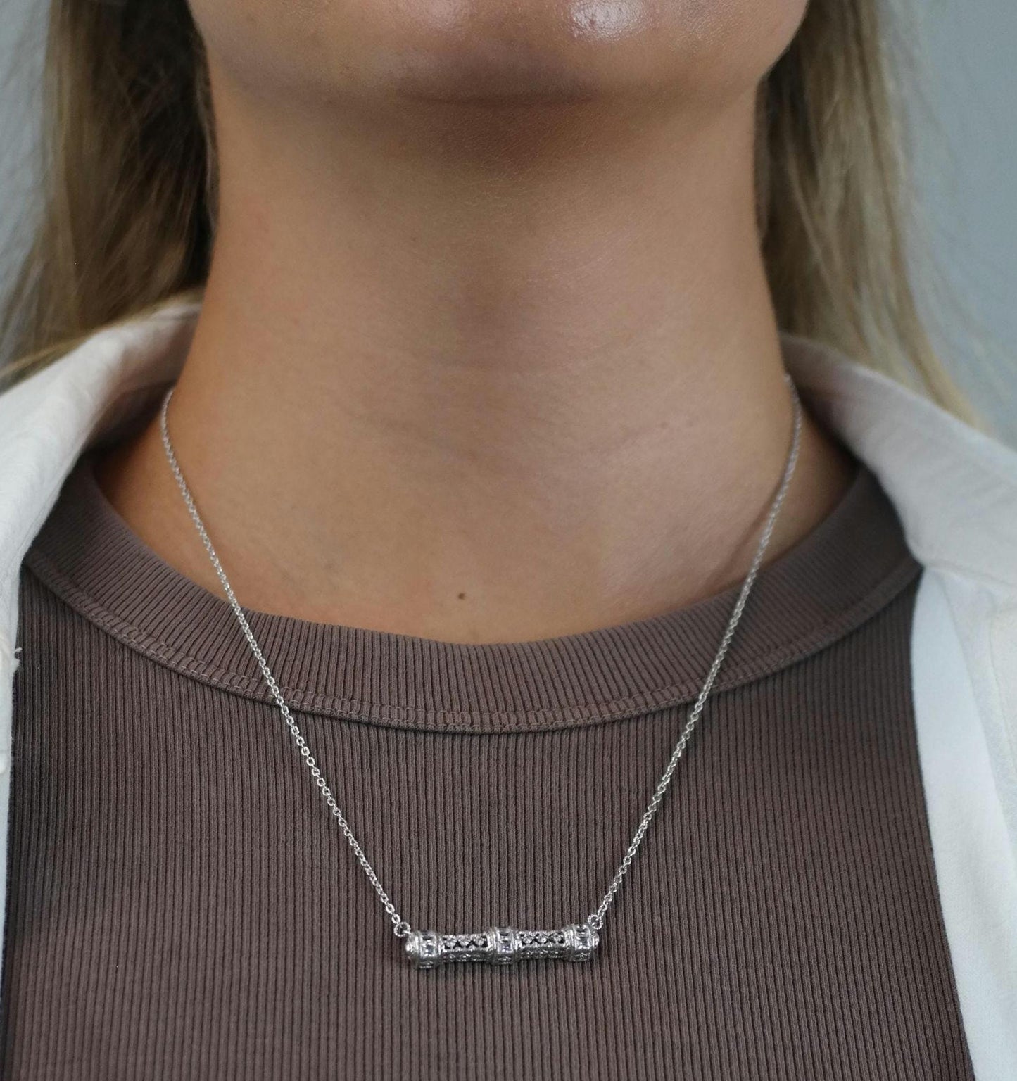 Vintage Judith Ripka DQCZ Bar Necklace Sterling Silver N2738