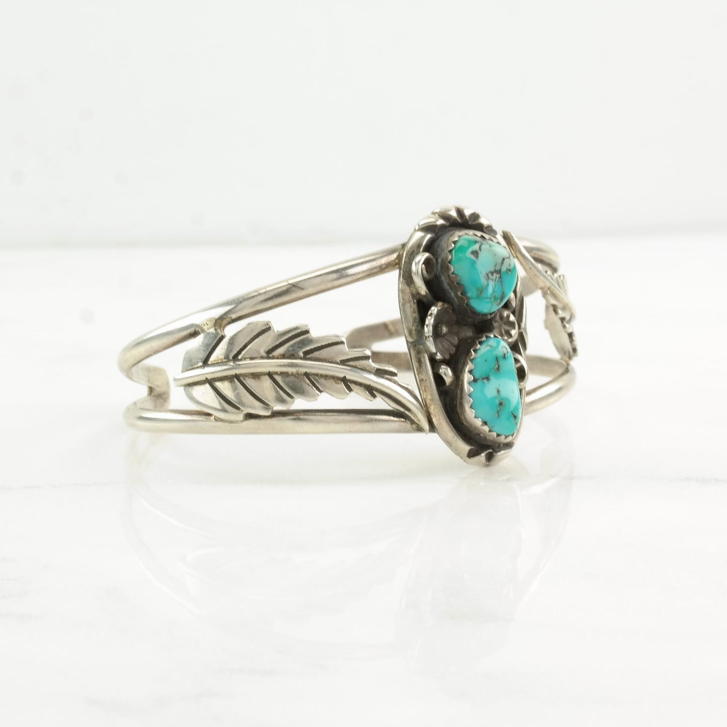 Sterling Silver Cuff Bracelet Blue Turquoise Feather, Two Stone