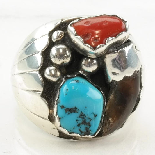 Vintage Native American Silver Ring Turquoise Coral Sterling Size 9 3/4