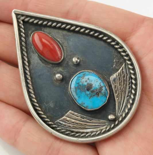 Vintage Turquoise & Coral Pendant | Sterling Silver Teardrop Pendant | Native American Shadowbox Jewelry | 1970s