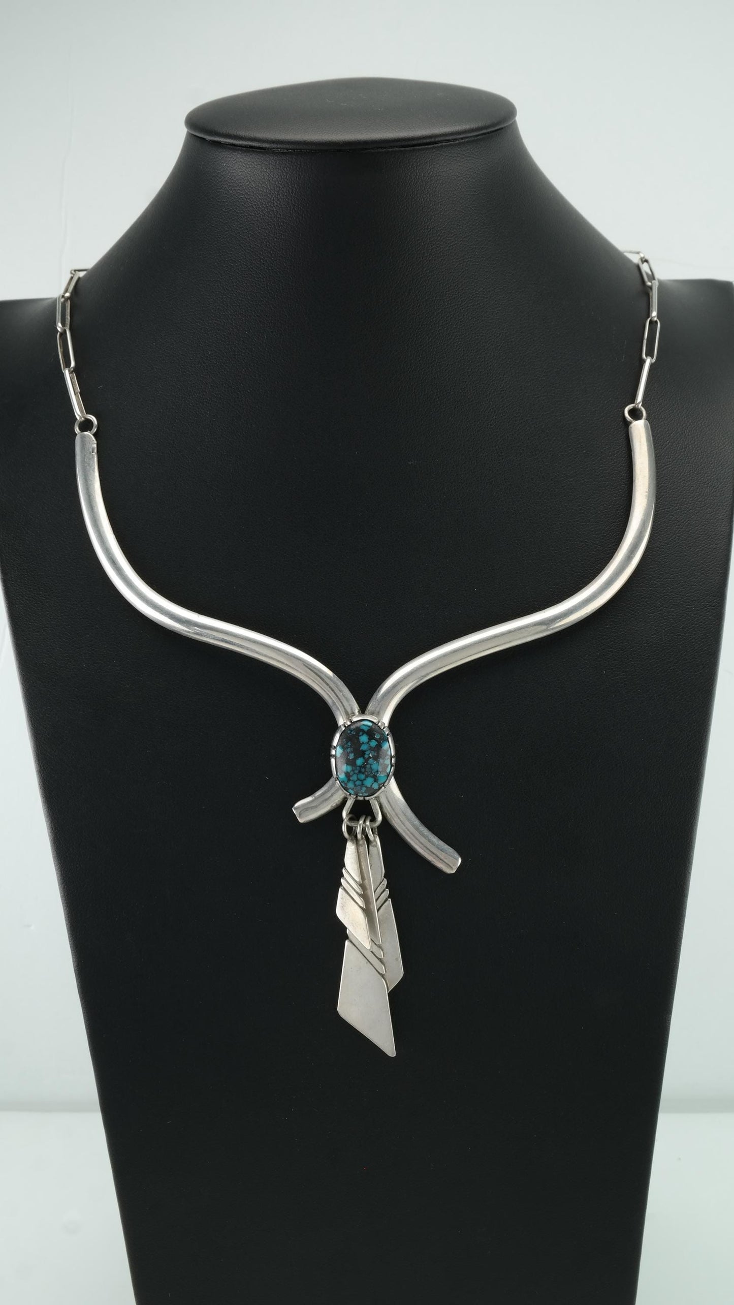 Native American Sterling Silver Turquoise Necklace, Spiderweb Turquoise, Choker, LM Nez, 1970s