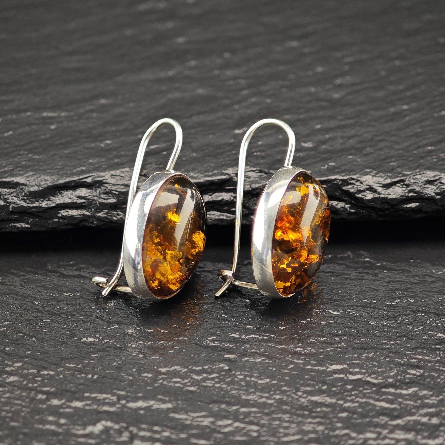 Vintage Brown Amber Oval, Fish Hook Earrings Sterling Silver