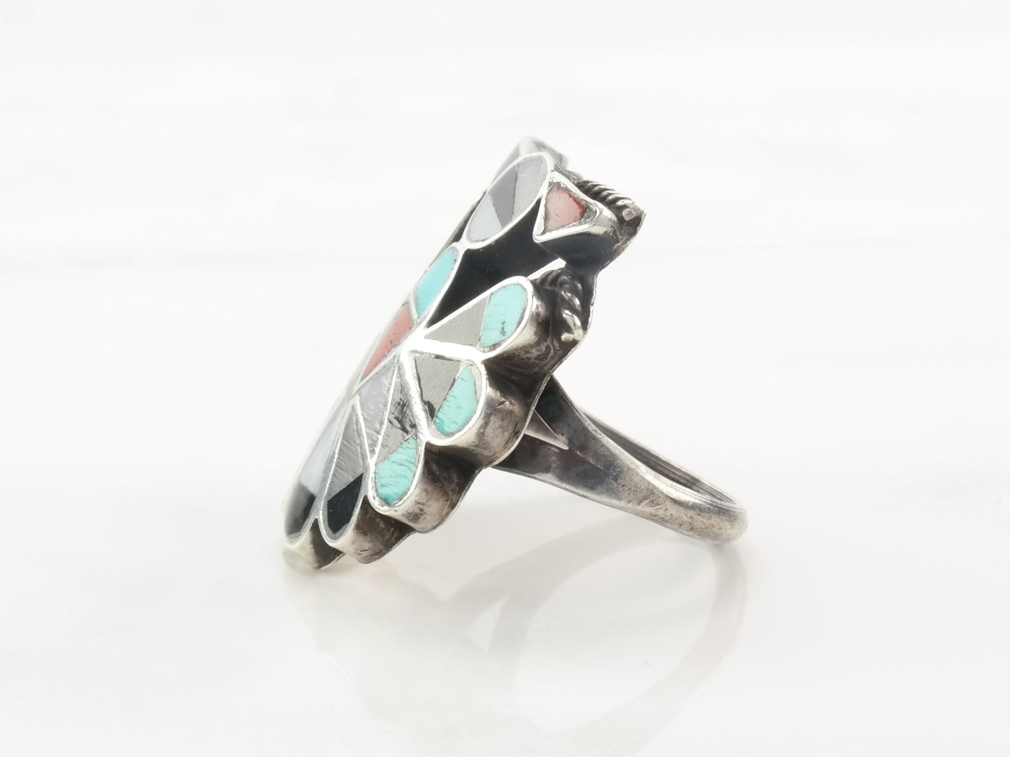 Vintage Native American Silver Ring Peyote Inlay, Bird Sterling Size 8 3/4