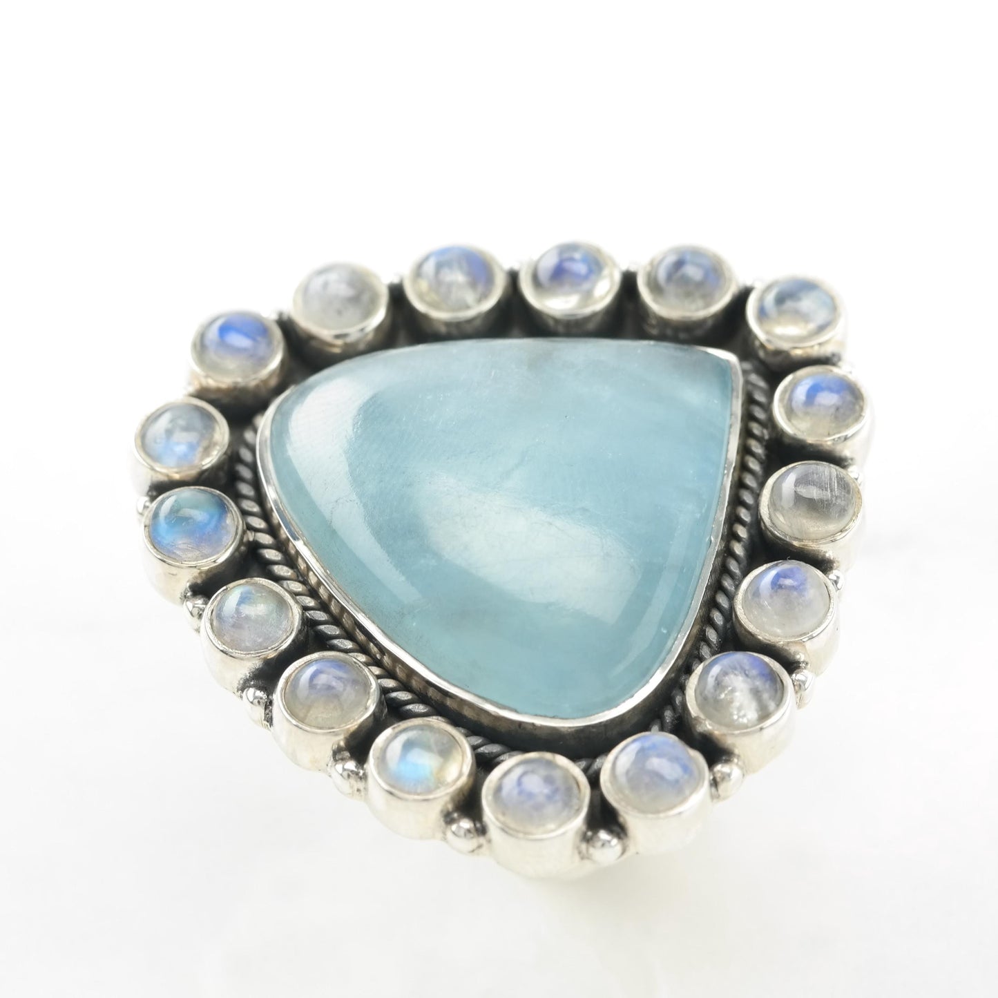 Aquamarine Moonstone Sterling Silver Ring Blue Adjustable