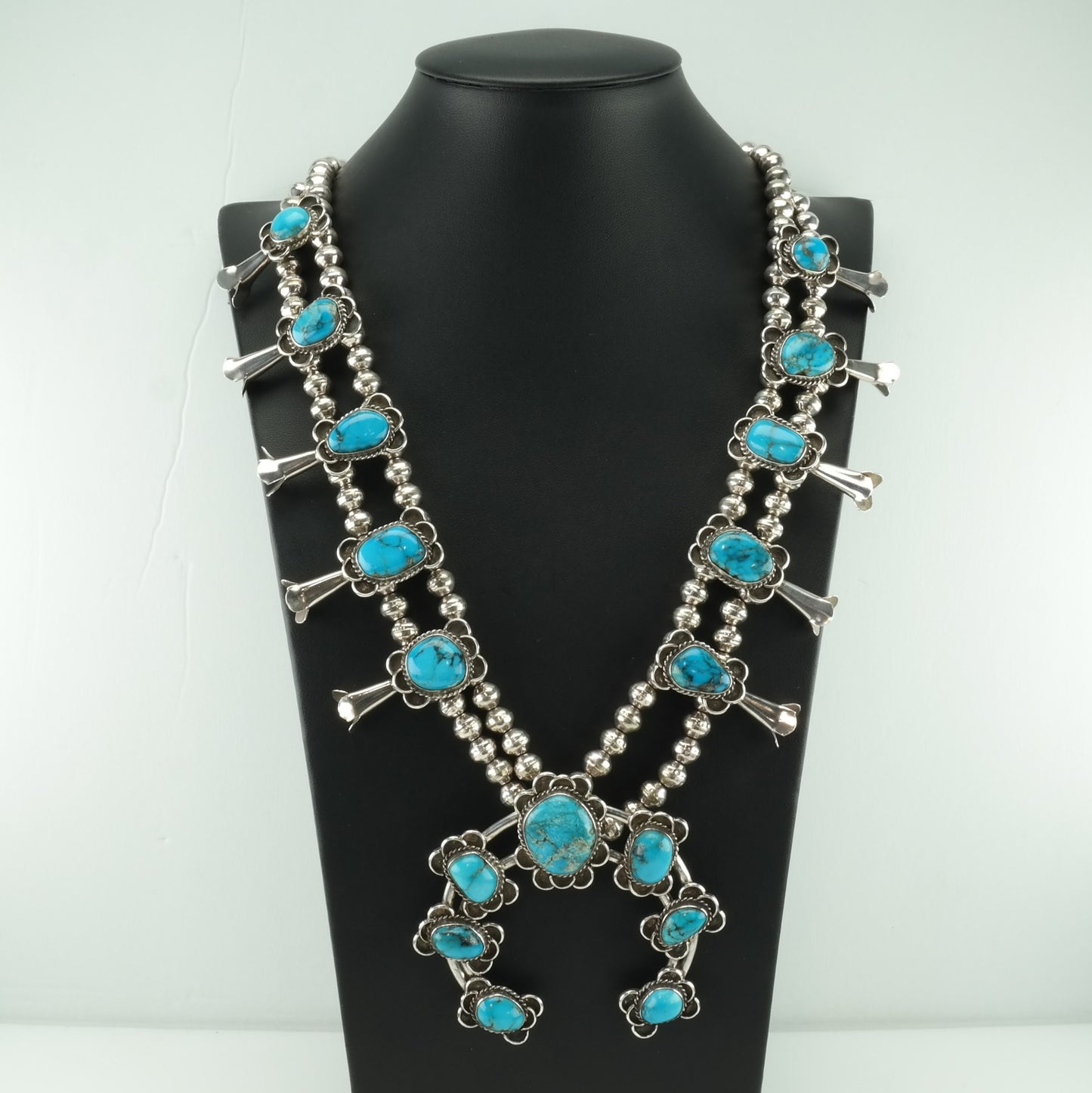 Vintage Native American Yazzie Sterling Silver Blue Turquoise Floral Squash Blossom Necklace