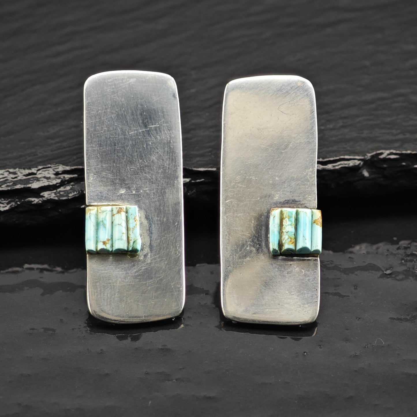 AS IS, Native American #8 Turquoise Cobble Stone Inlay Sterling Silver Stud Earrings ER3120