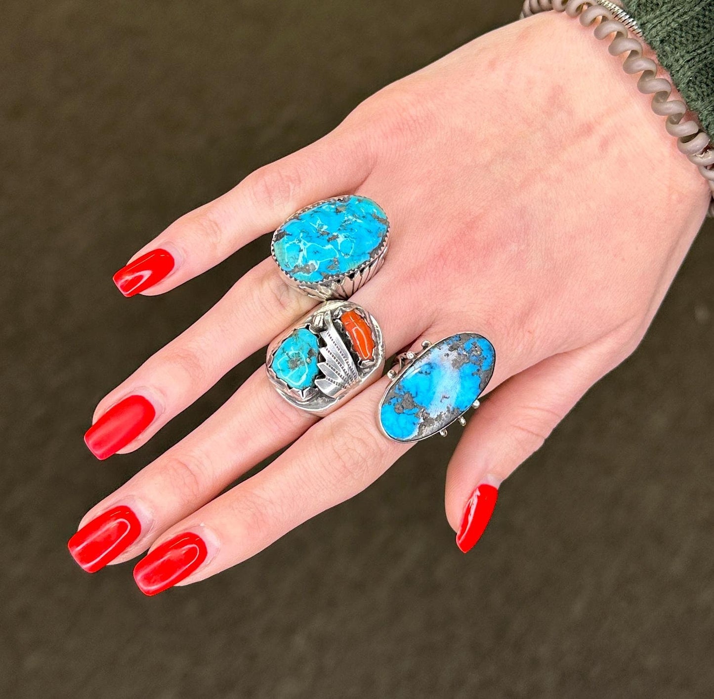 Native American Sterling Silver, Turquoise & Coral Ring | Southwestern Jewelry | Feather Design | Size 12