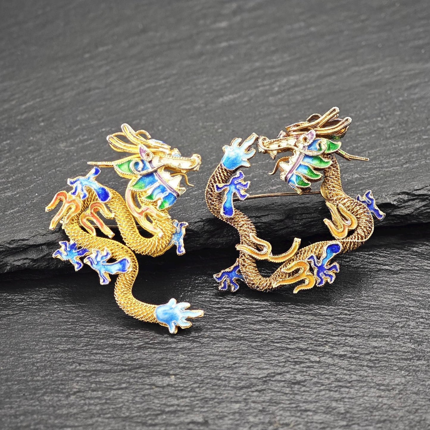 Choice of Chinese, Export Enamel Dragon Brooches Sterling Silver