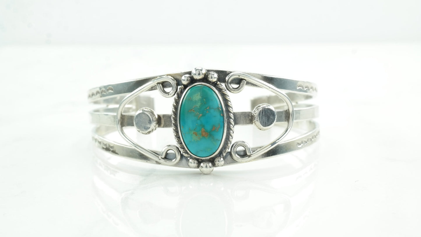 Fred Harvey Era Native American Sterling Silver Cuff Bracelet Blue Gem Turquoise