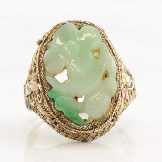 Vintage China Silver Ring Jadeite Carved Flower Gold Filled Filigree Sterling Size 7 3/4