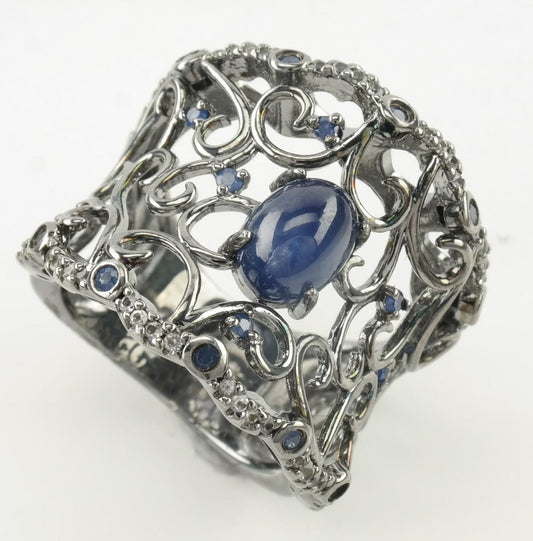 Carlo Viani Silver Ring Sapphire White Topaz Cigar Band Sterling