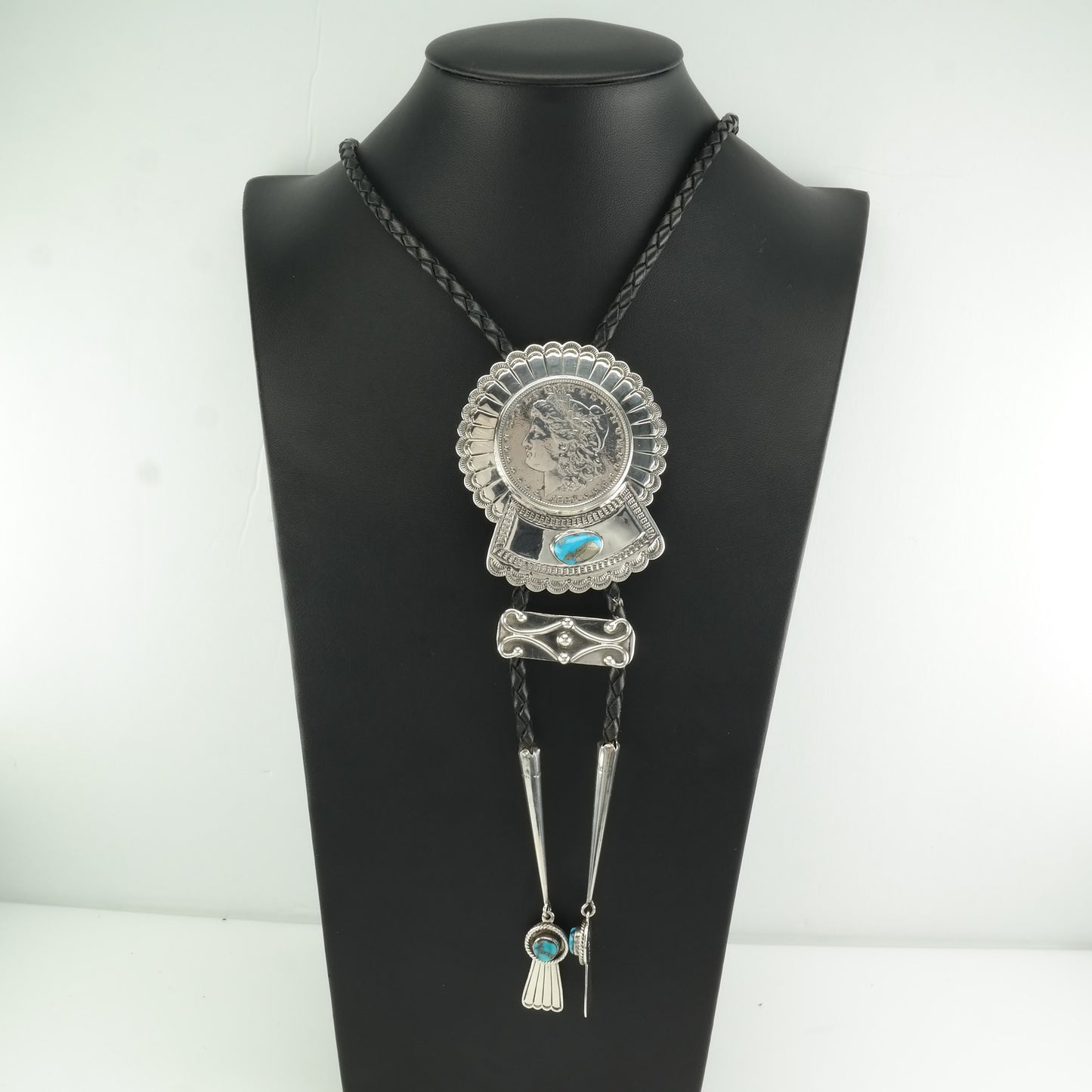 1889 Morgan Silver Dollar Bolo Tie Native American Sterling Silver Turquoise Necklace