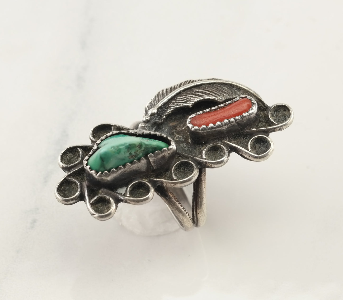 Native American Silver Ring Turquoise, Coral Sterling Size 6 1/2