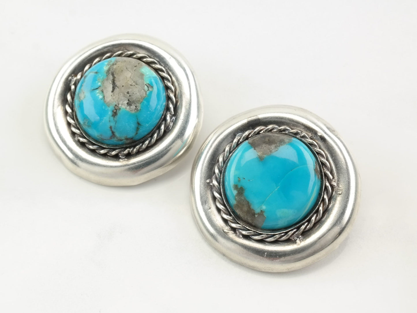 Southwest Turquoise Sterling Silver Circle Clip On Earrings