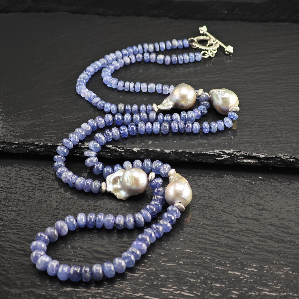 Blue Tanzanite Pearl Beaded Necklace Sterling Silver N2781
