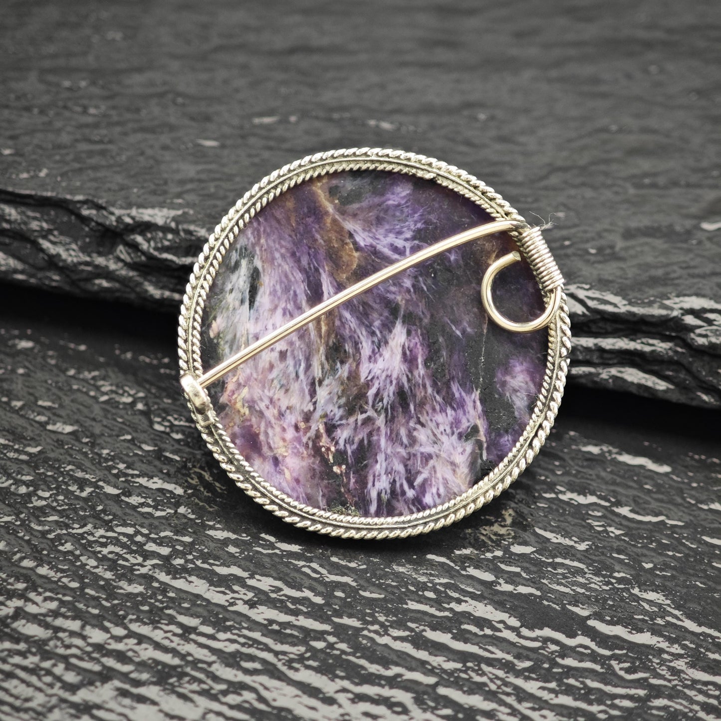 Charoite Round Brooch in Sterling Silver