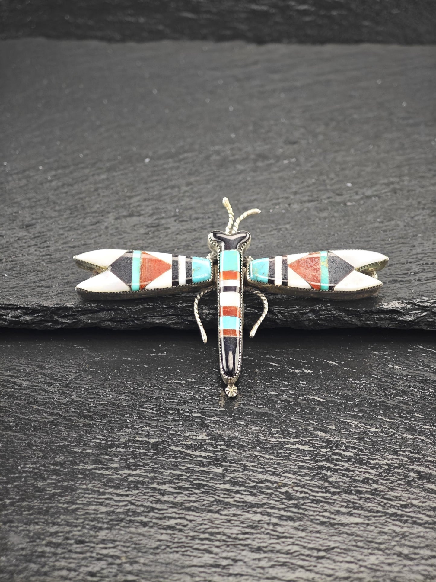 Attr. Lambert Homer Sr, Native American, Zuni Inlay, Dragonfly Brooch/Pendant Sterling Silver
