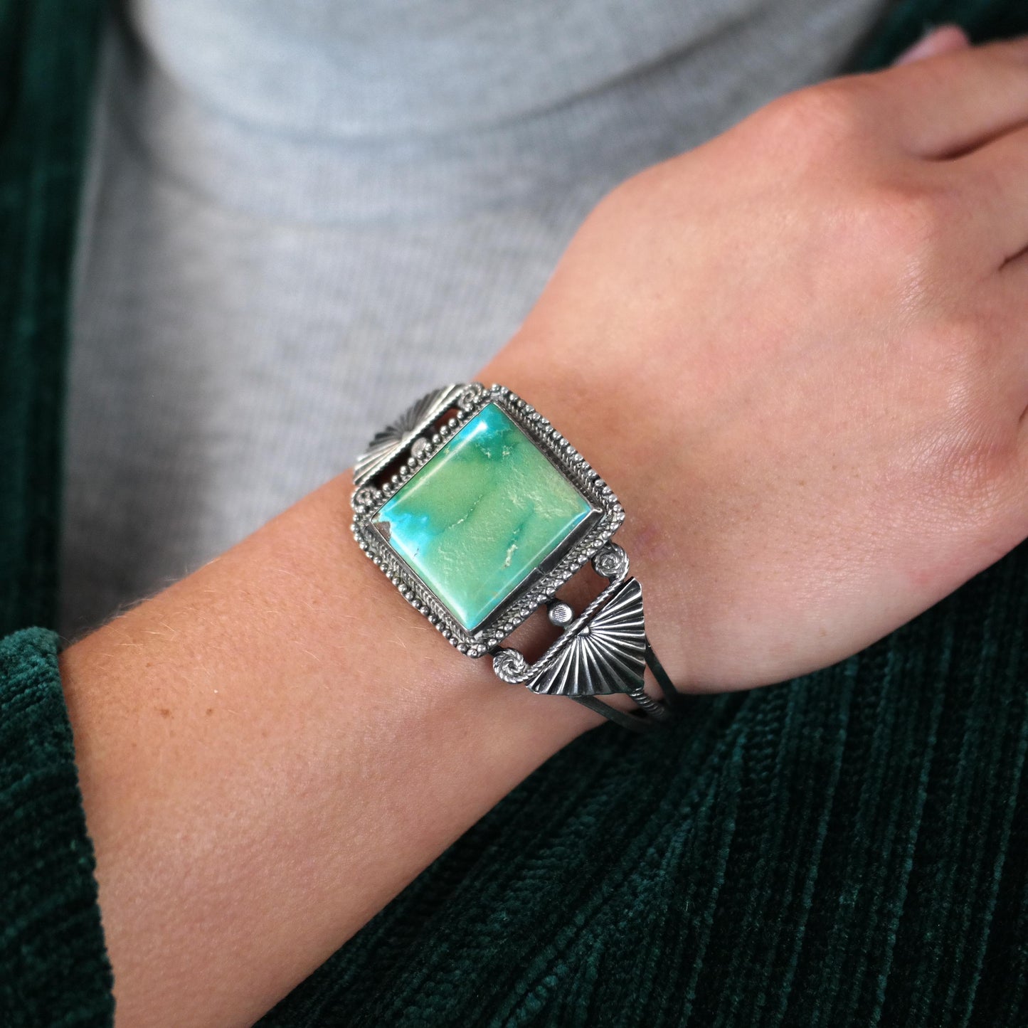 Navajo Native American Turquoise Cuff Sterling Silver Sz 6 3/4" BR3030