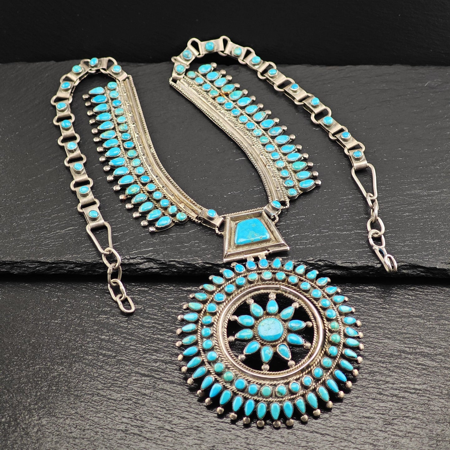 VMB Vintage Blue Turquoise Cluster Necklace in Sterling Silver