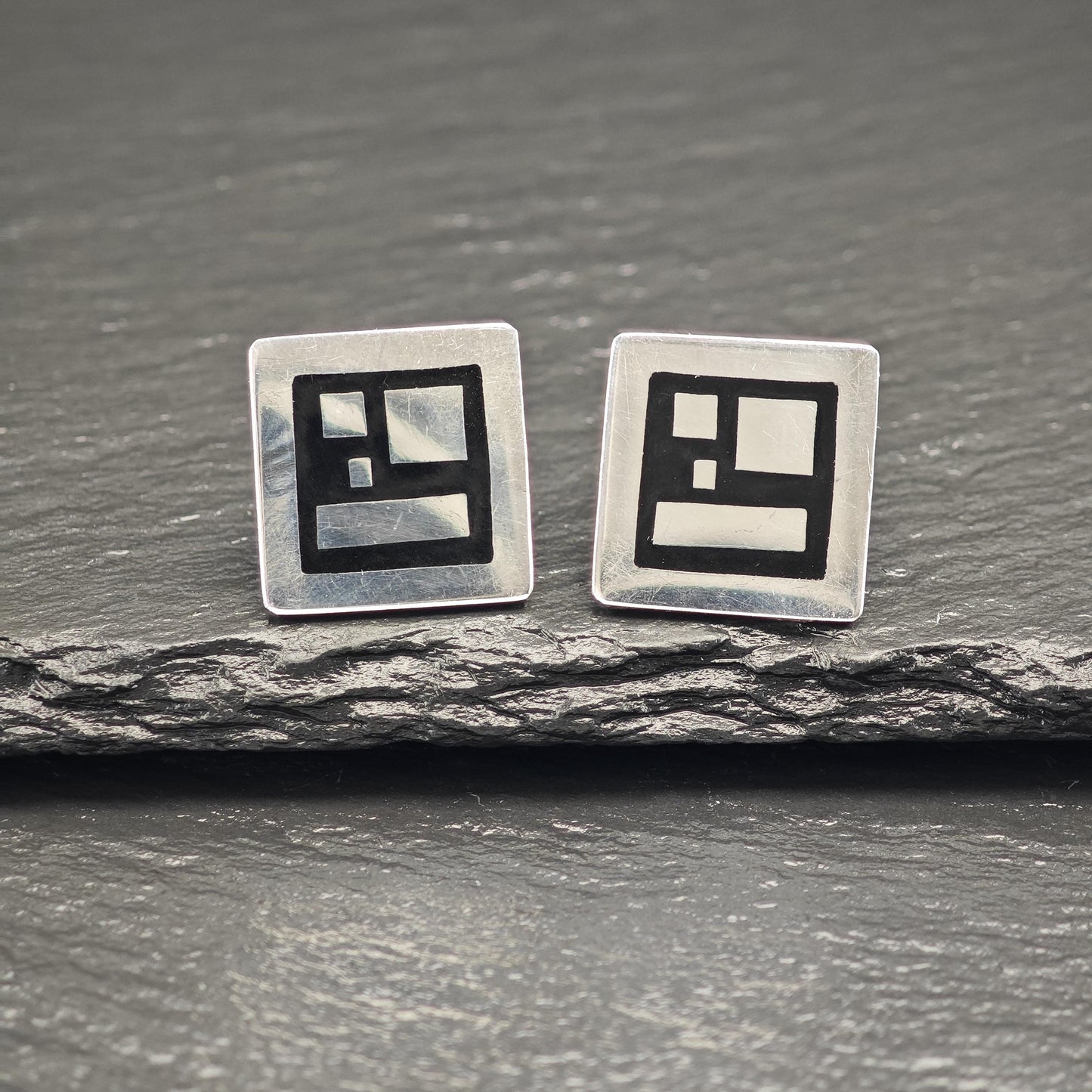 Vintage Warsaw, Poland Black Enamel Geometric Stud Earrings Sterling Silver