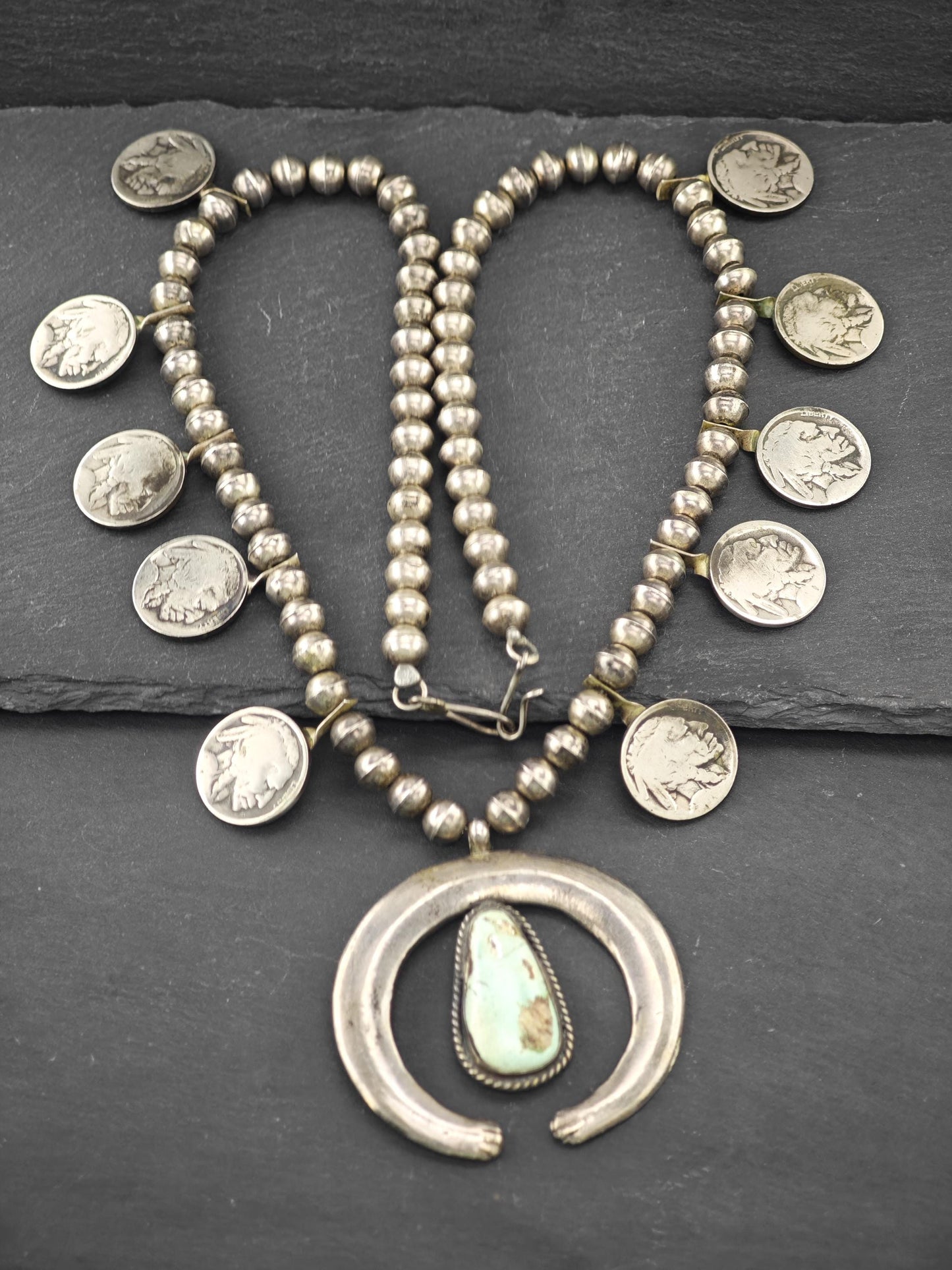 Native American Green Turquoise, Buffalo Nickles Squash Blossom Necklace Sterling Silver