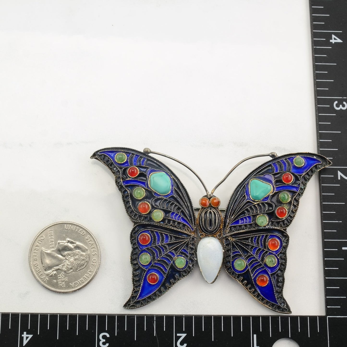 Vintage Silver Brooch Butterfly Enamel Turquoise Sterling