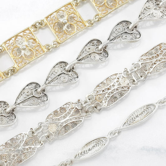 Choice of Vintage Sterling Silver Filigree Link Bracelet Filigree