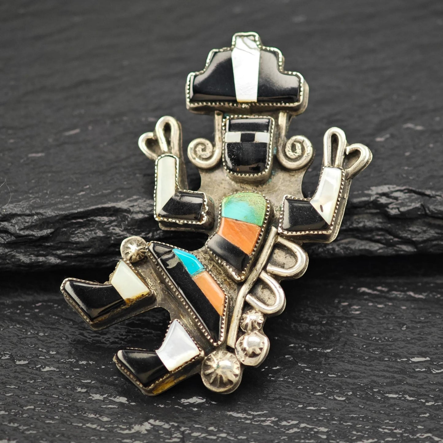 Zuni Sterling Silver Brooch Kachina Gemstone Inlay