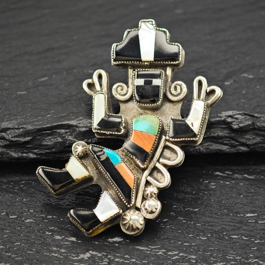 Zuni Sterling Silver Brooch Kachina Gemstone Inlay