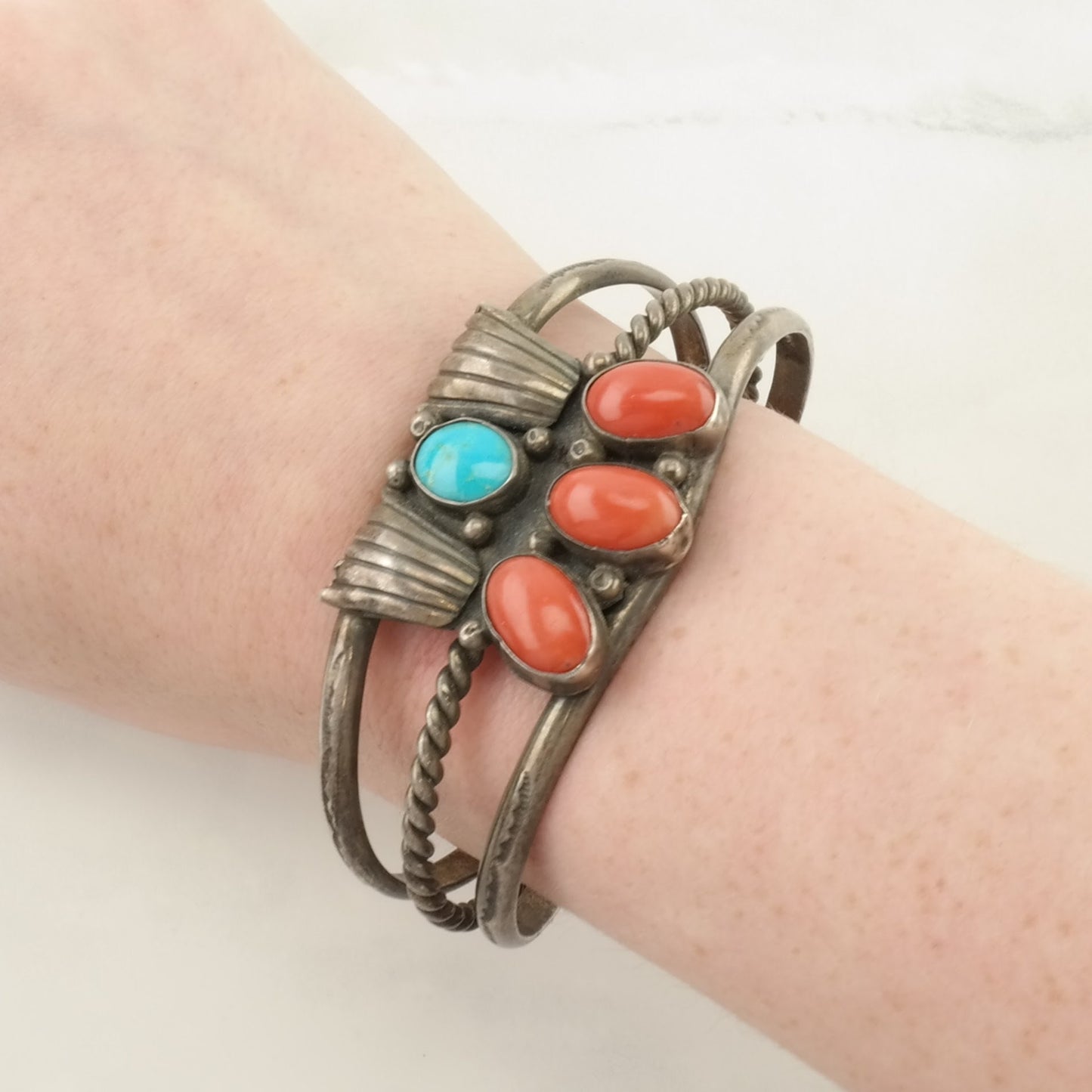 Native American Sterling Silver Cuff Bracelet Red, Blue Coral, Turquoise