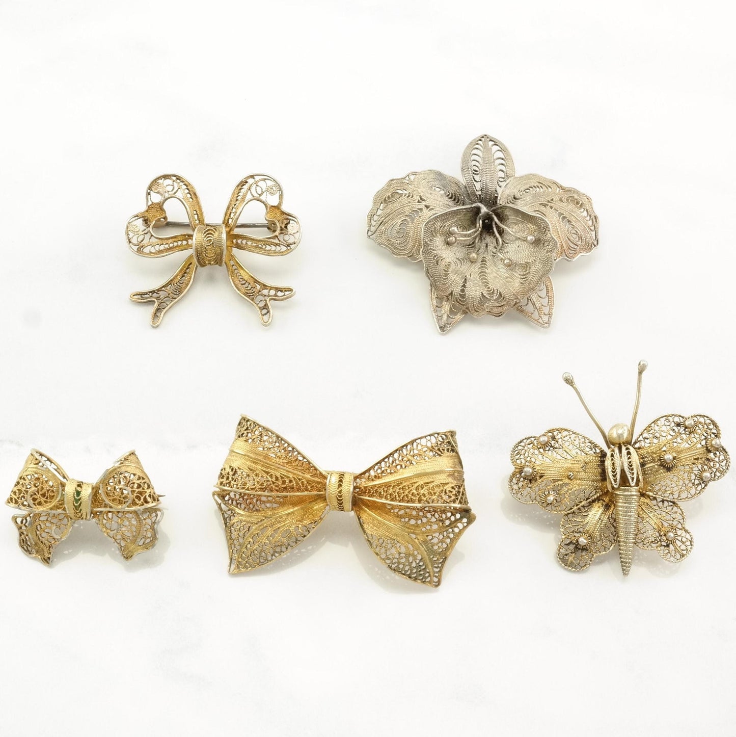 Vintage Brooch Floral, Bow, Butterfly Filigree, Gold Hue Sterling Silver B1728