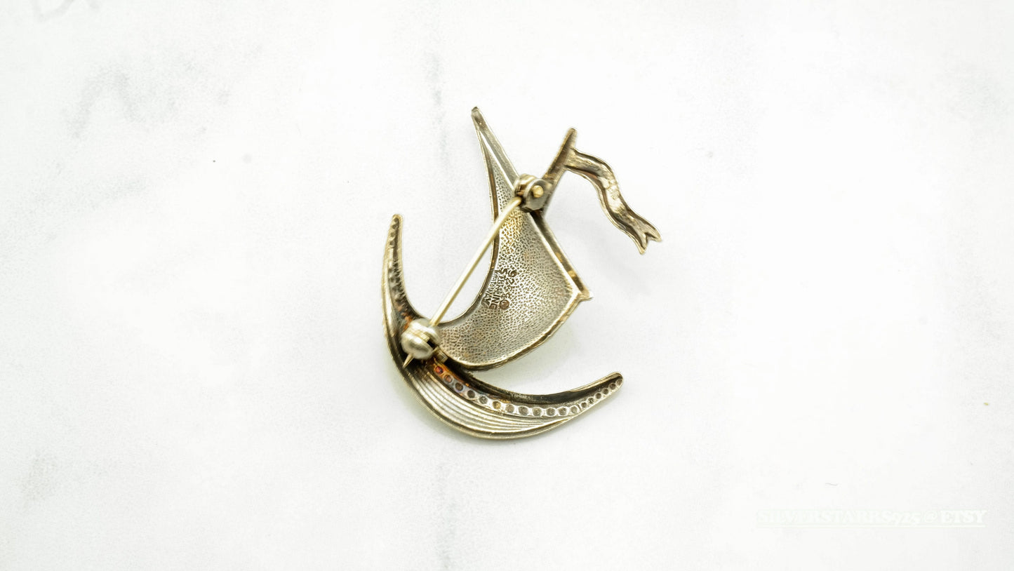 Norwegian Enamel Sailboat Sterling Silver Brooch