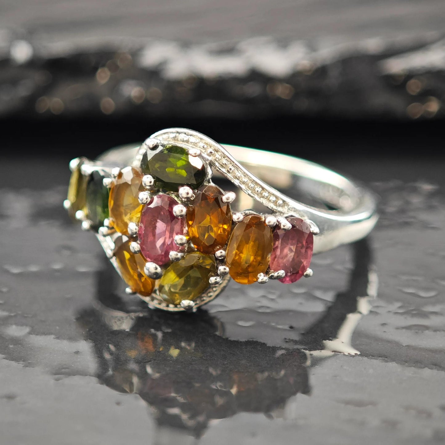 Natural Gem Flower Ring Sterling Silver Size 9