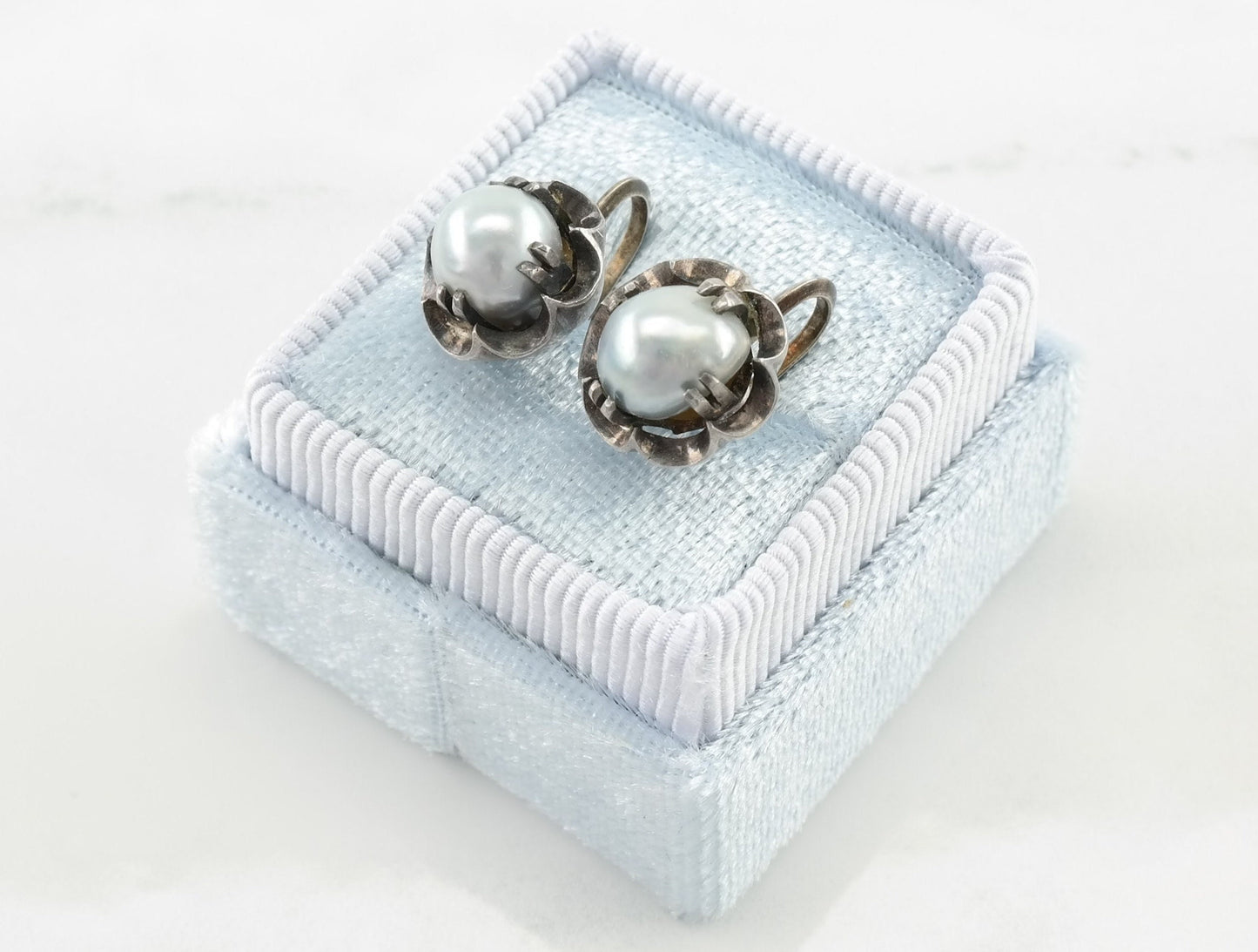 Sterling Silver Pearl Floral Earrings Screw Back