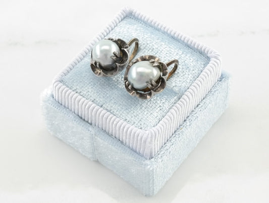 Vintage Sterling Silver Pearl Floral Earrings Screw Back