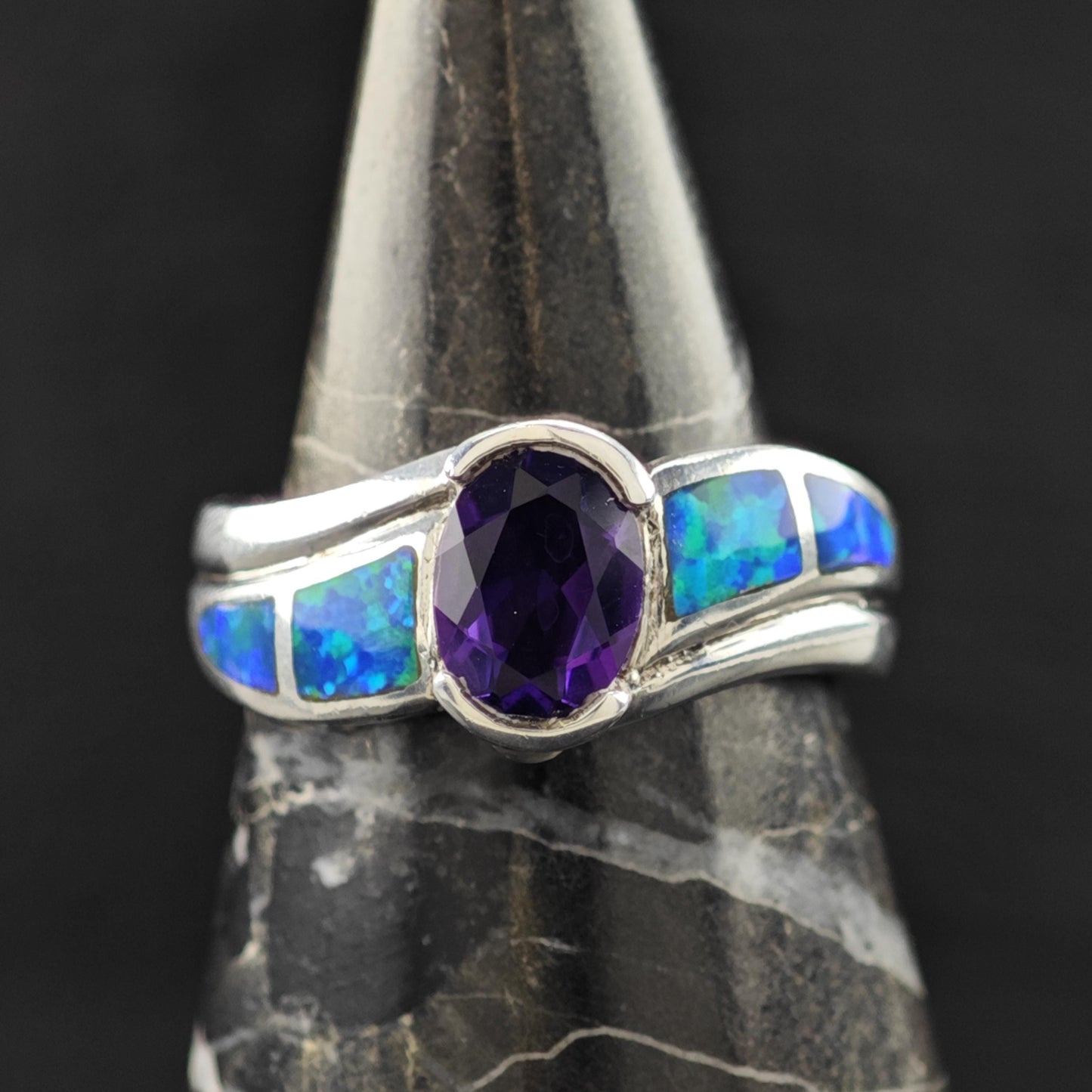 Lab Opal Inlay Amethyst Ring Sterling Silver Sz 8 R6221