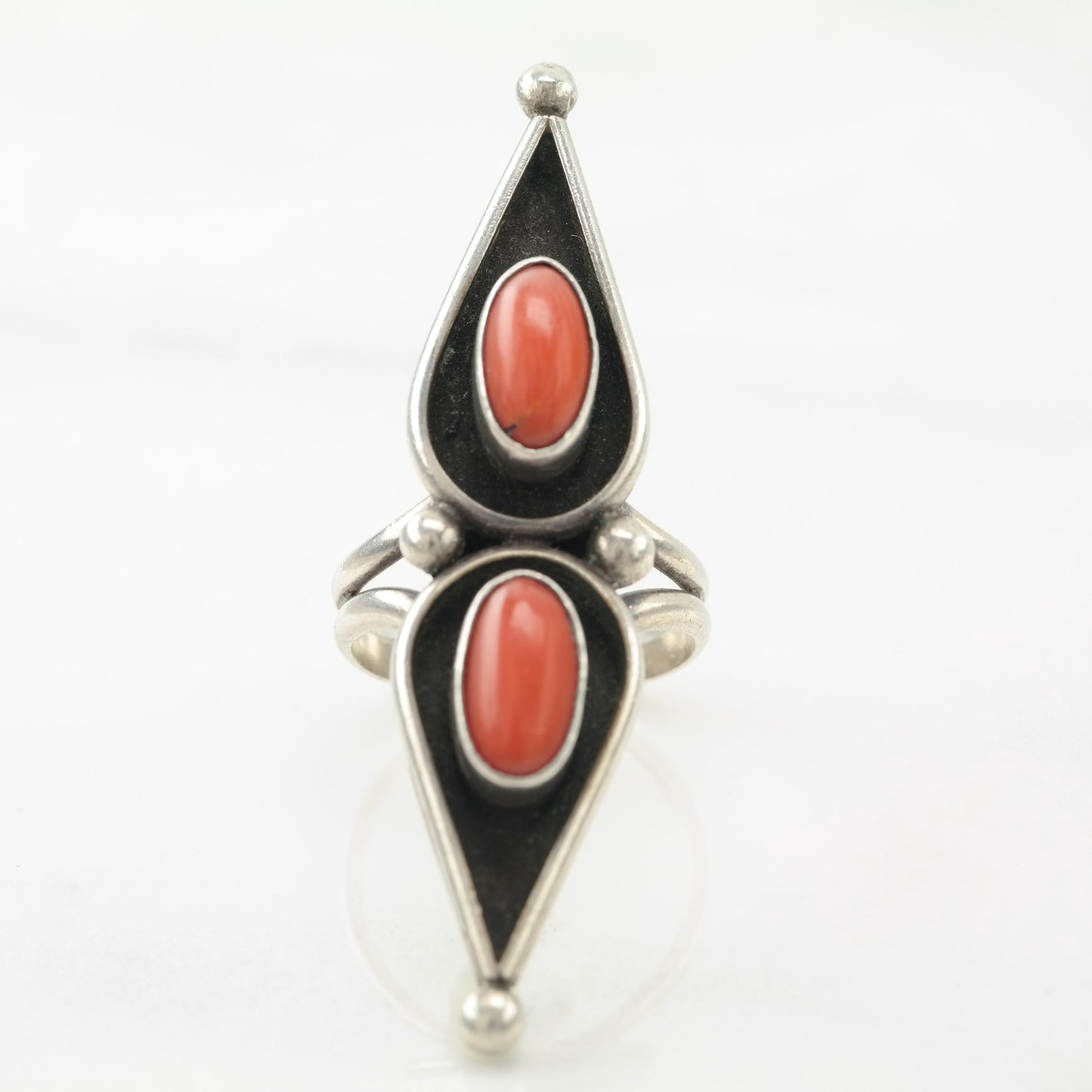 Native Red Coral, Shadow Box, Long Sterling Silver Ring Sz5 3/4 R5574