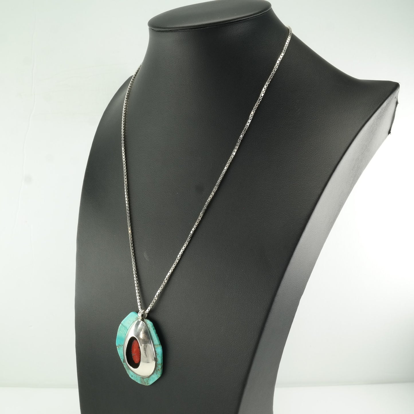 Native American Sterling Silver Blue, Red Turquoise, Coral Shadowbox, Cobblestone Inlay Necklace