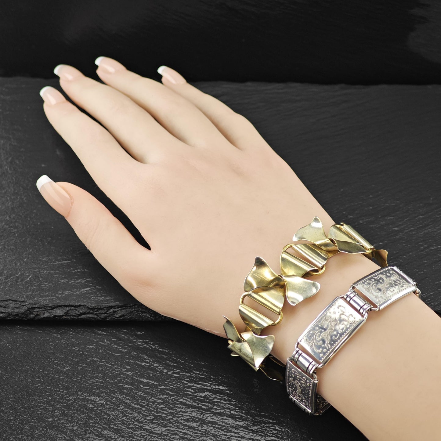 Gold Gilded Floral Link Bracelet Sterling Silver Size 6 3/4"