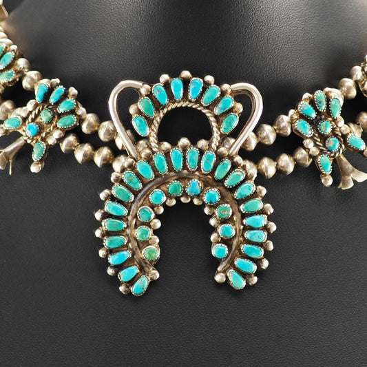 Vintage Zuni Sterling Silver Floral Squash Blossom Necklace with Blue Turquoise Cluster
