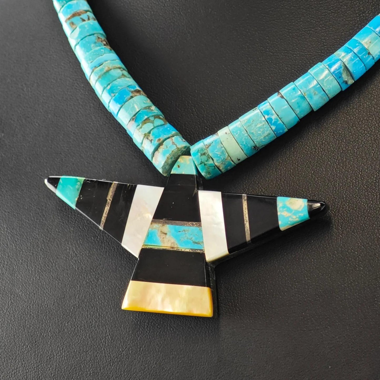 Native American Style Heishi Necklace Turquoise Onyx Graduated Beads 4.9-10.5mm N2665