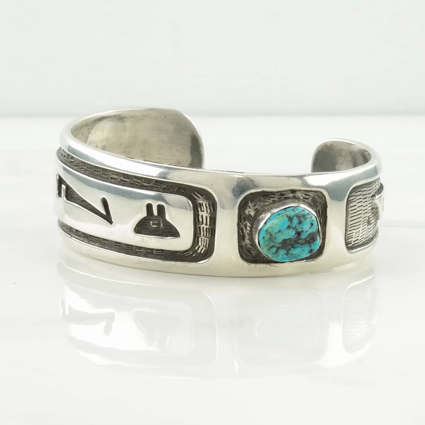 Hopi, Native American Sterling Silver Cuff Bracelet Blue Turquoise Asymmetrical, Overlay