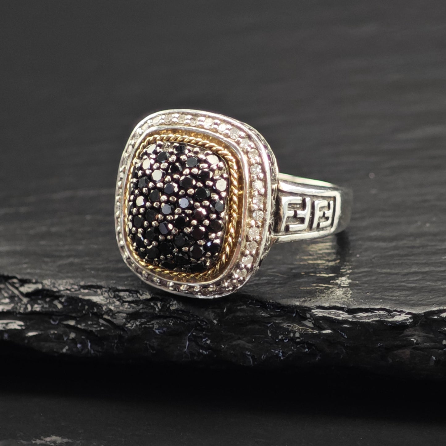 EFFY Black & White Diamond 18K Gold Accent Sterling Silver Ring Sz 7 R6731