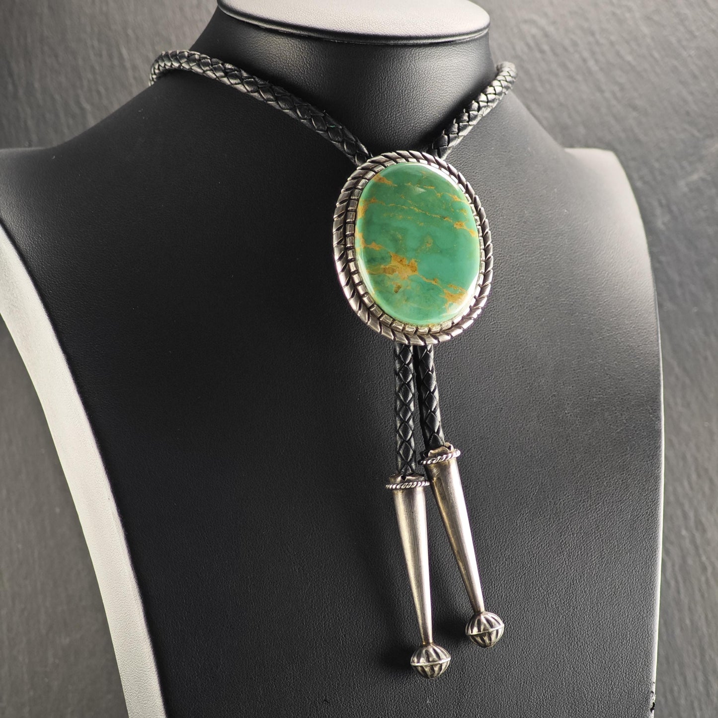 Vintage Native American Sterling Silver Green Turquoise Bolo Tie Necklace N2749