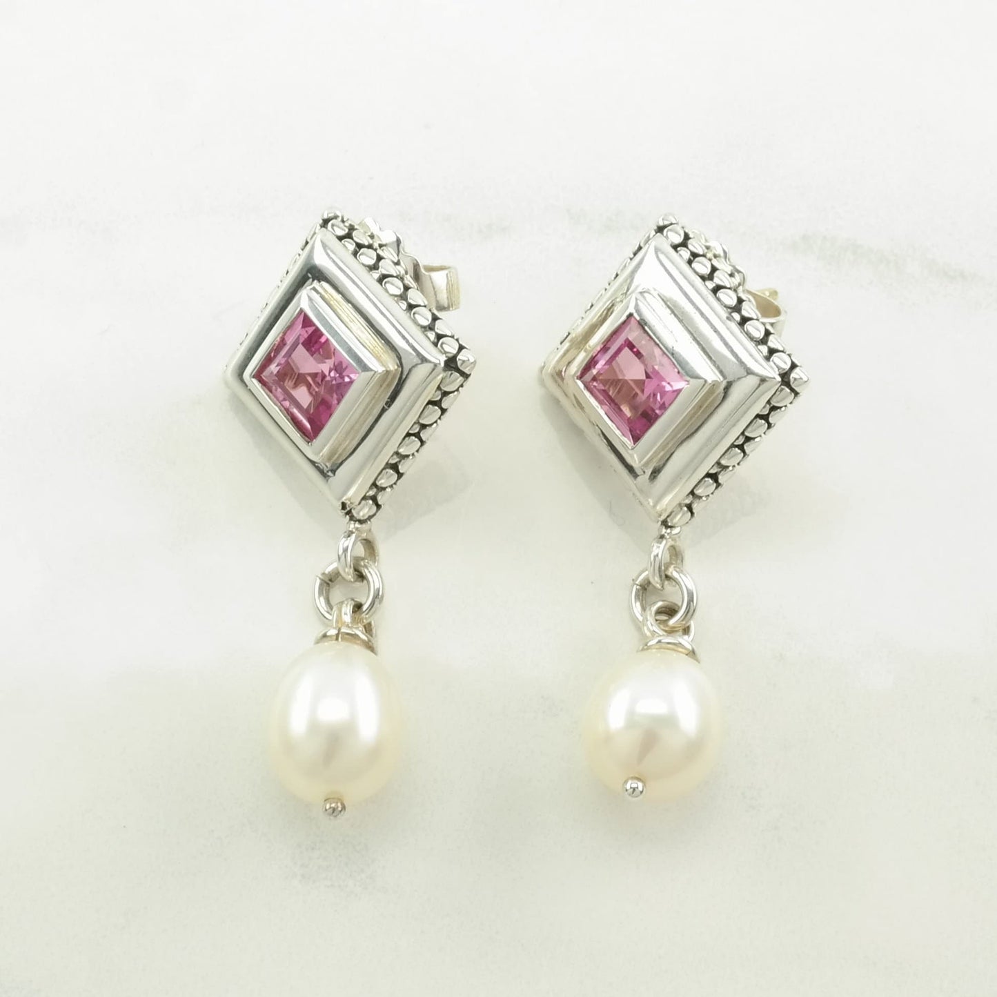 Michael Dawkins Sterling Silver Pink Sapphire, Pearl Earrings Stud