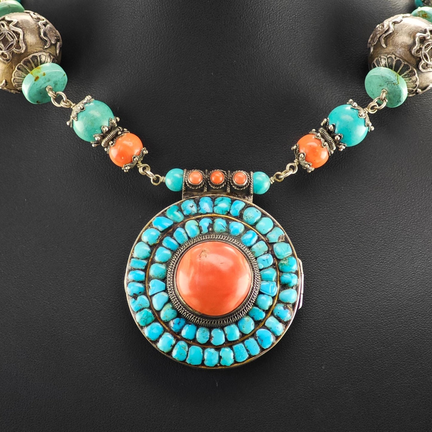Authentic Nepalese Turquoise, Coral Lg Locket Necklace Sterling Silver N2577
