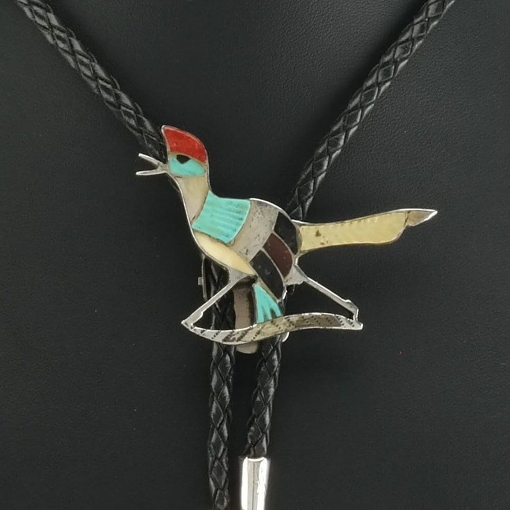 Zuni Inlay Bolo Tie Roadrunner Native American Sterling Silver Turquoise Coral Necklace