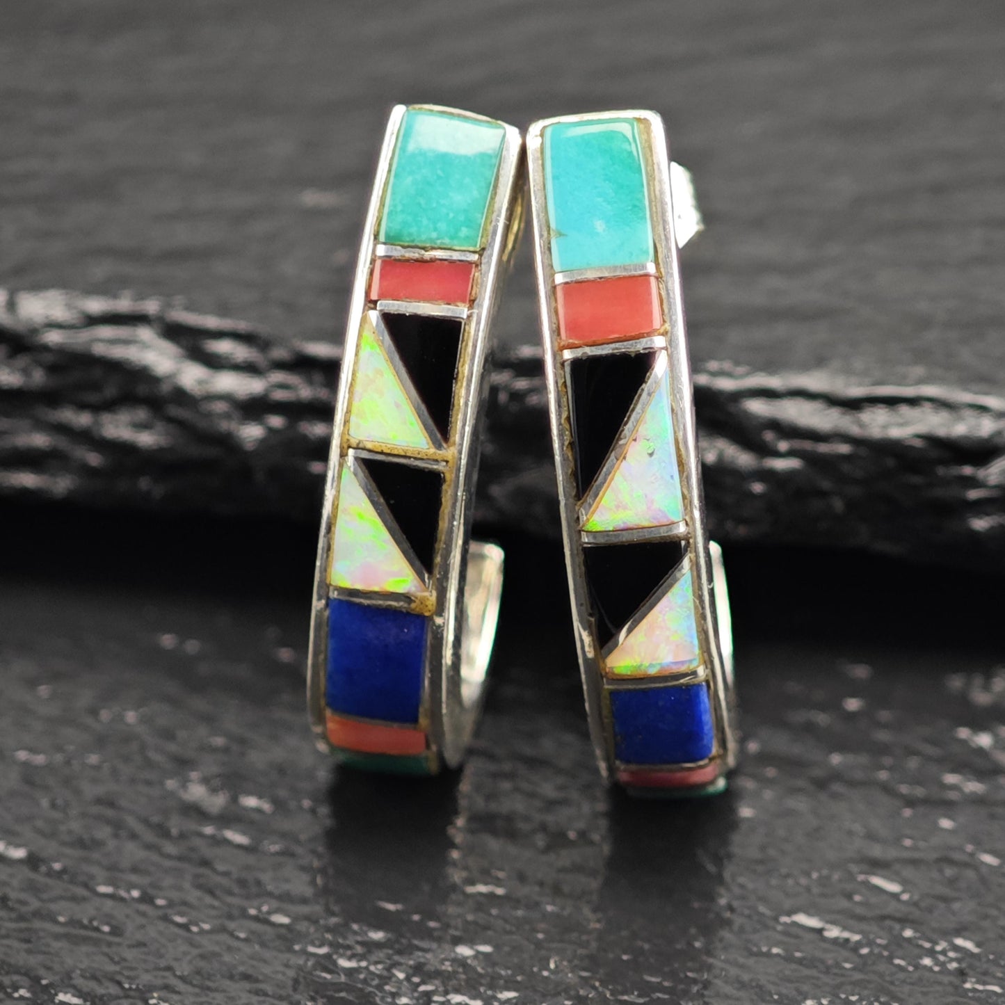 Turquoise, Coral, Lab Opal, Jet, Lapis Inlay Sterling Silver Earrings ER3115
