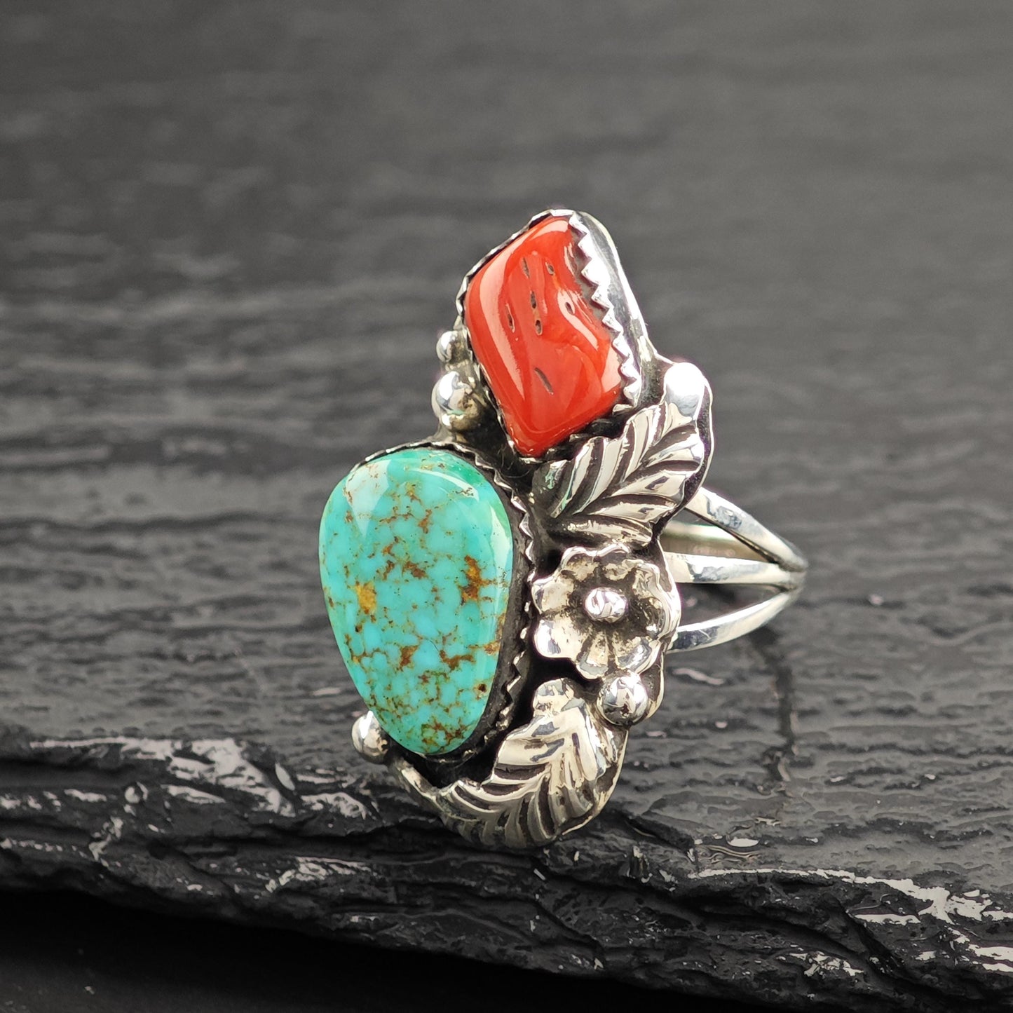 Turquoise Coral Native American Ring Sterling Silver Size 6 3/4 R5828